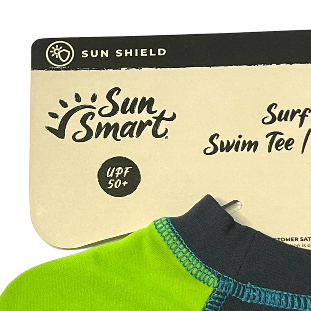 Sun Smart Boy's Rash Guard Swim Tee UPF 50+ Surf Car Graphic Green Blue Size 2-4